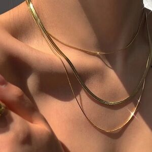 Gold Tone 3-Strand Snake & Herringbone Layered Necklace – Stainless Steel